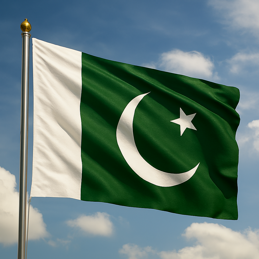 Pakistani flag waving proudly against a blue sky, symbolizing national pride and the upcoming launch of Resolutions.pk.